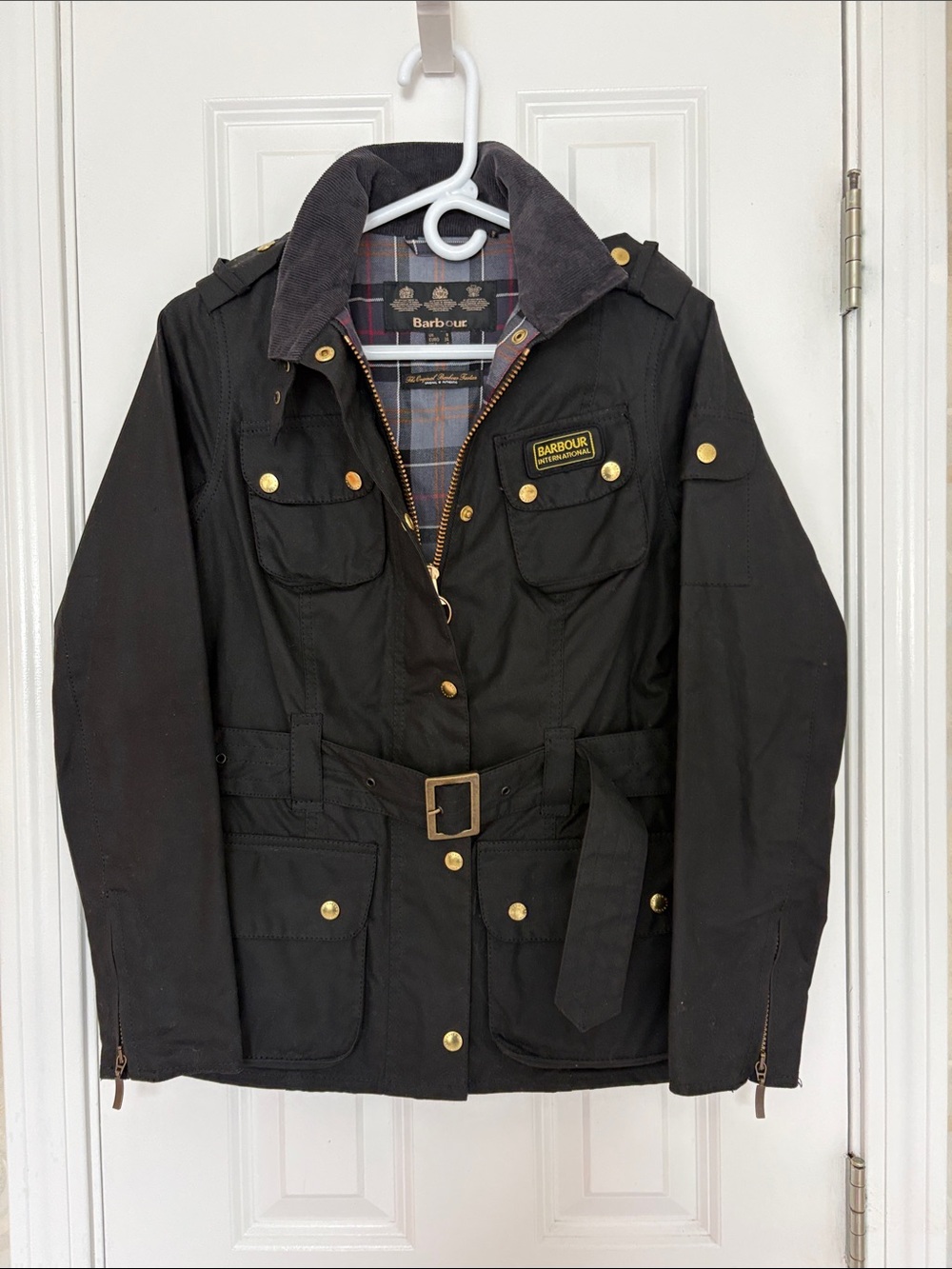 Barbour International Black Waxed Cotton Belted Field Jacket in Biker Style